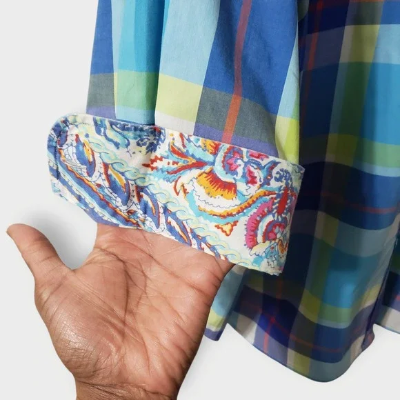 Chaps Womens 3X Blue Green Plaid No Iron Button Up Shirt 3/4 Sleeve Paisley Trim - Picture 3 of 10